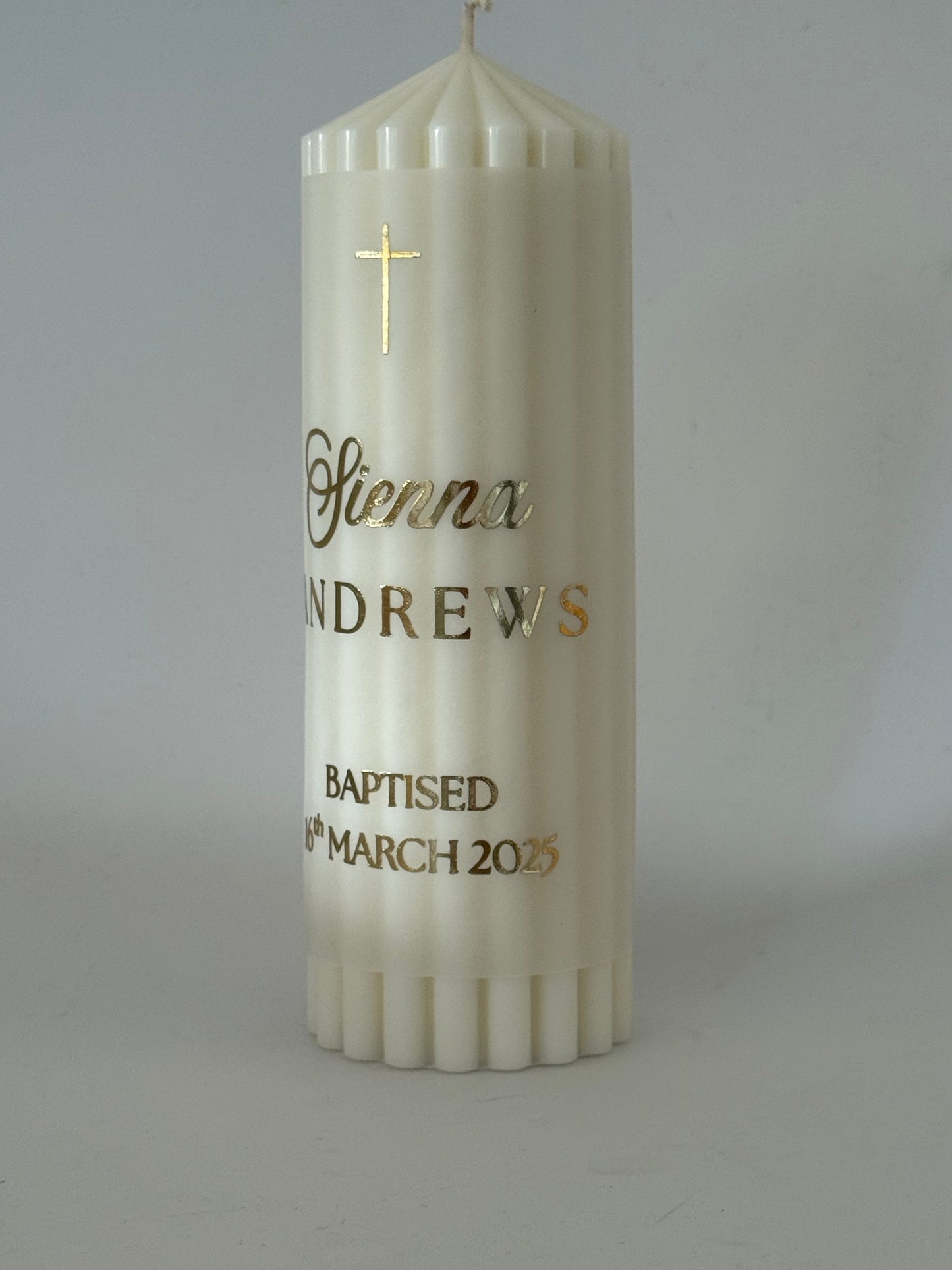 Minimalist Personalised Ribbed Pillar Christening Candle with Ribbon