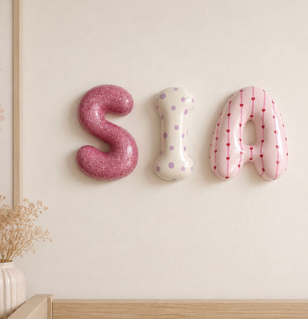 3D BUBBLE LETTERS- 3D PRINTED LETTERS- PATTERN BUBBLE LETTERS- CERAMIC LETTERS- GLOSS LETTERS- BEDROOM DECOR- NURSERY DECOR- KIDS BEDROOM- 3D NAME PLAQUE- 3D NAME SIGN- 3D PRINTED BUBBLE LETTERS FOR KIDS BEDROOM IN VARIOUS COLOURS AND PATTERNS- GLITTER LETTERS- POLKA OTS- LOVE HEARTS- STRIPES