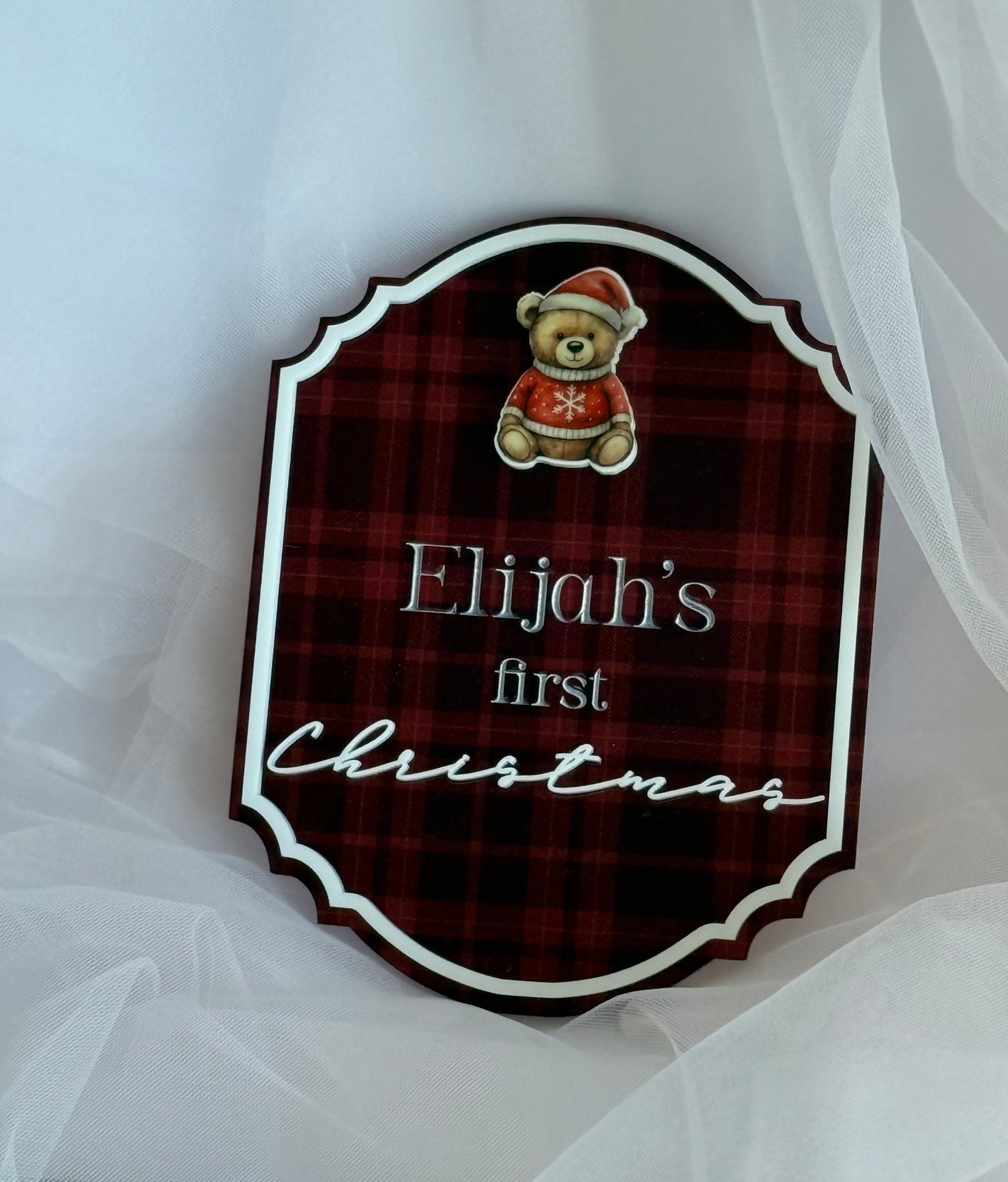 Personalised My First Christmas Acrylic Plaque- Red Plaid