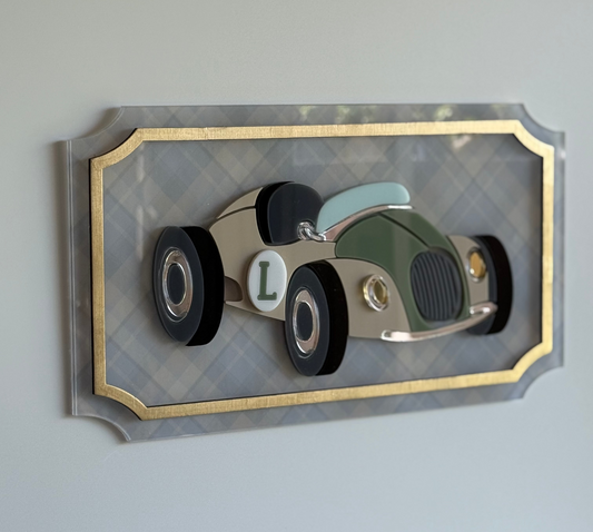 Decorative wall art of a vintage car on a beige background