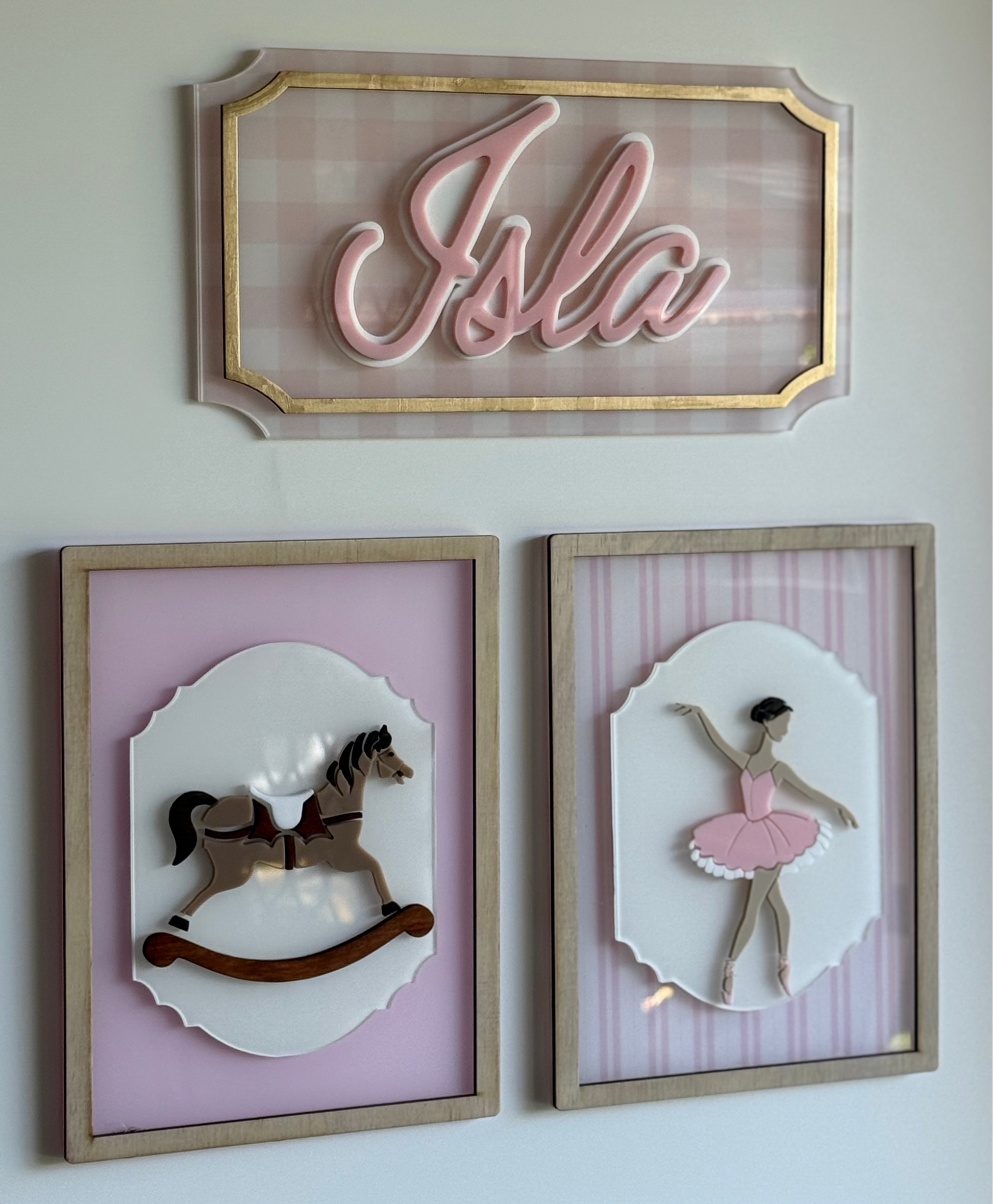 Kids Bedroom decor- nameplate and horse and ballerina cutouts on a light background