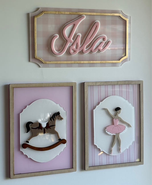 Kids Bedroom decor- nameplate and horse and ballerina cutouts on a light background