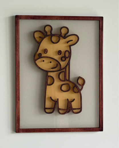 Framed illustration of a cartoon giraffe on a white background