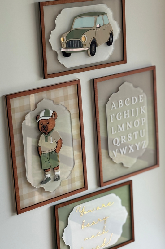 Bedroom wall decor set- Bear, Car, Alphabet and Phrase Plaque