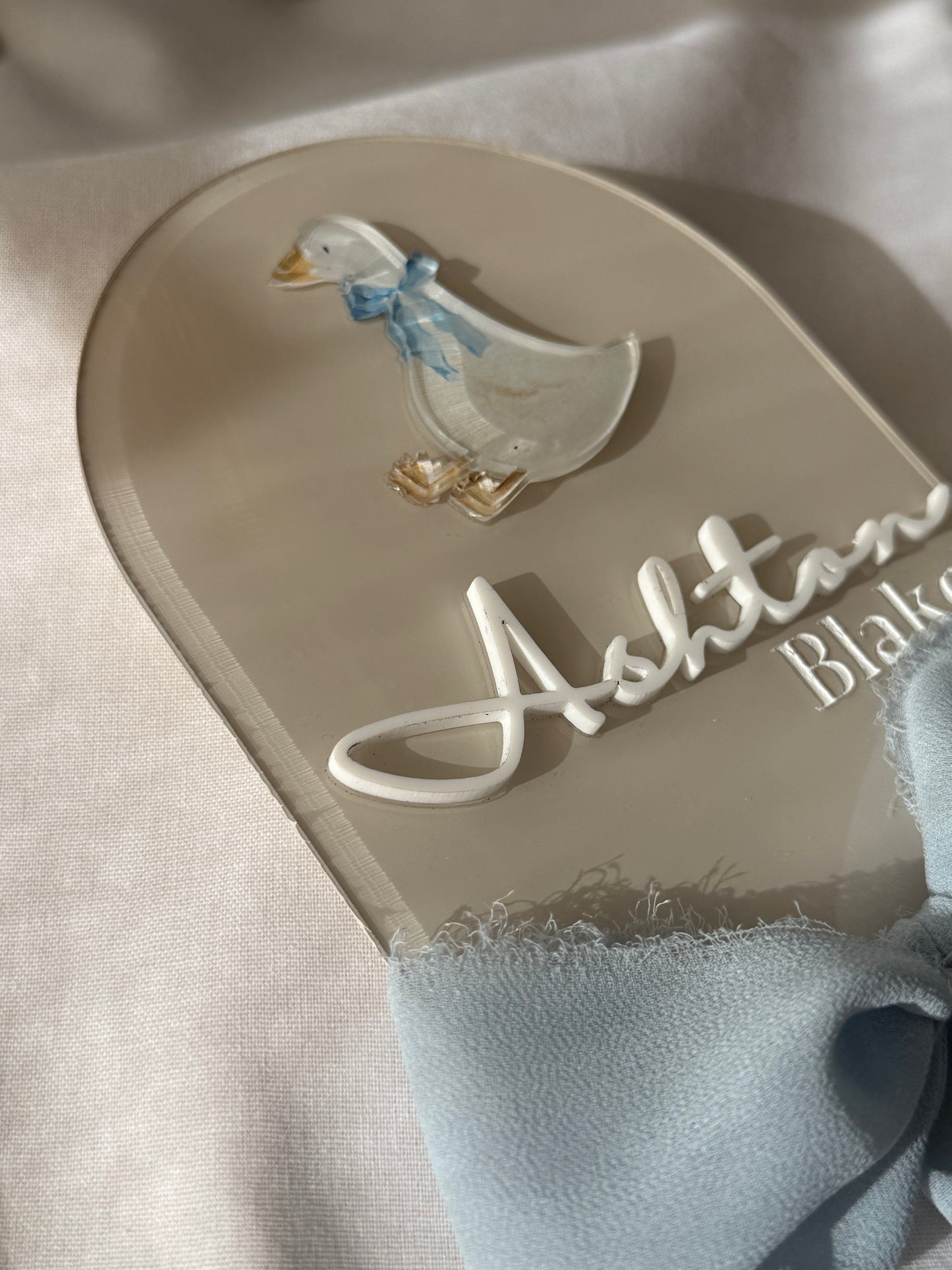 Decorative item with a duck design and 'Ashley' text on a beige background