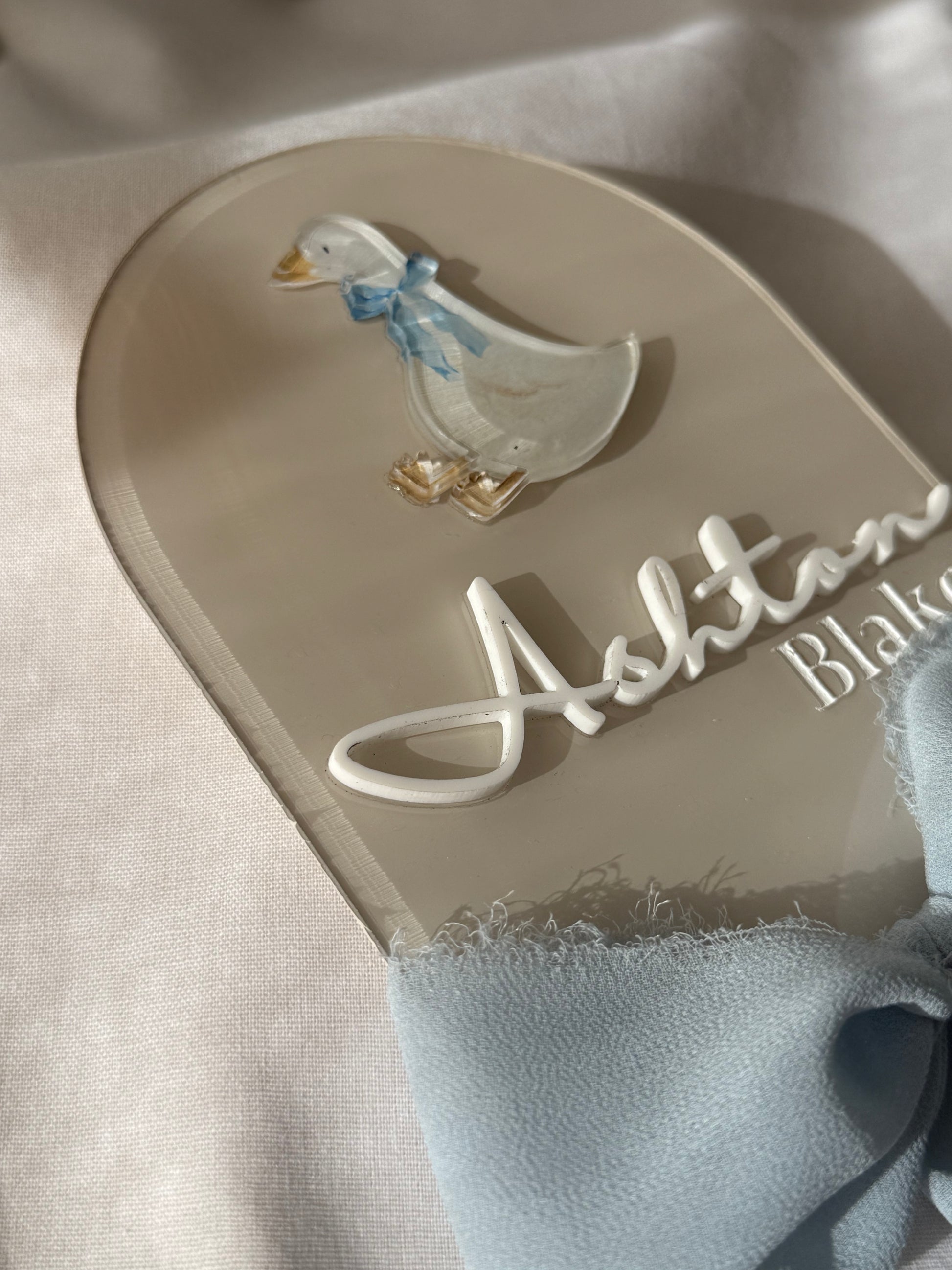Decorative item with a duck design and 'Ashley' text on a beige background