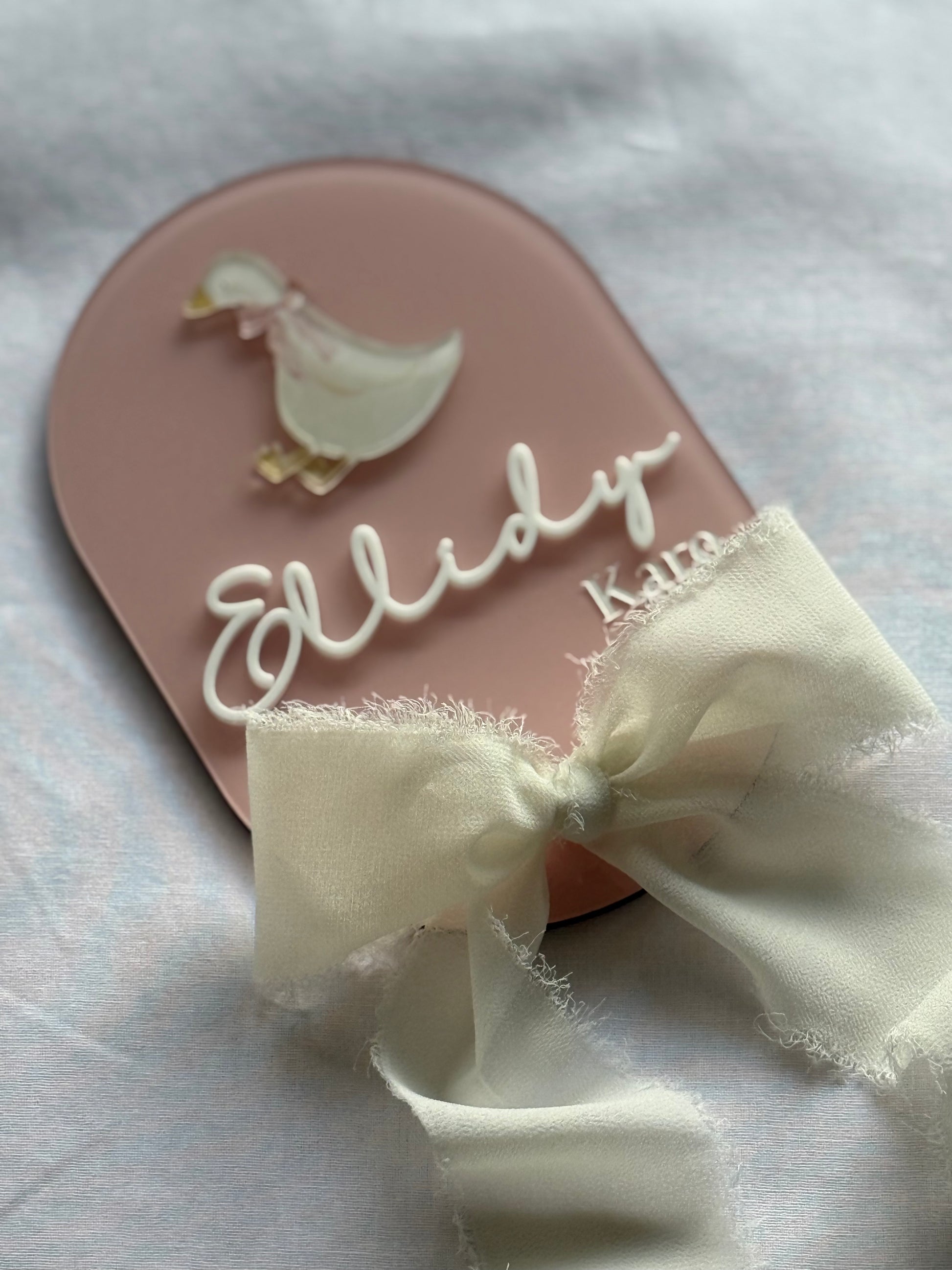 Pink sandal with a duck design and 'Ellidy' branding, paired with a white bow on a light background.