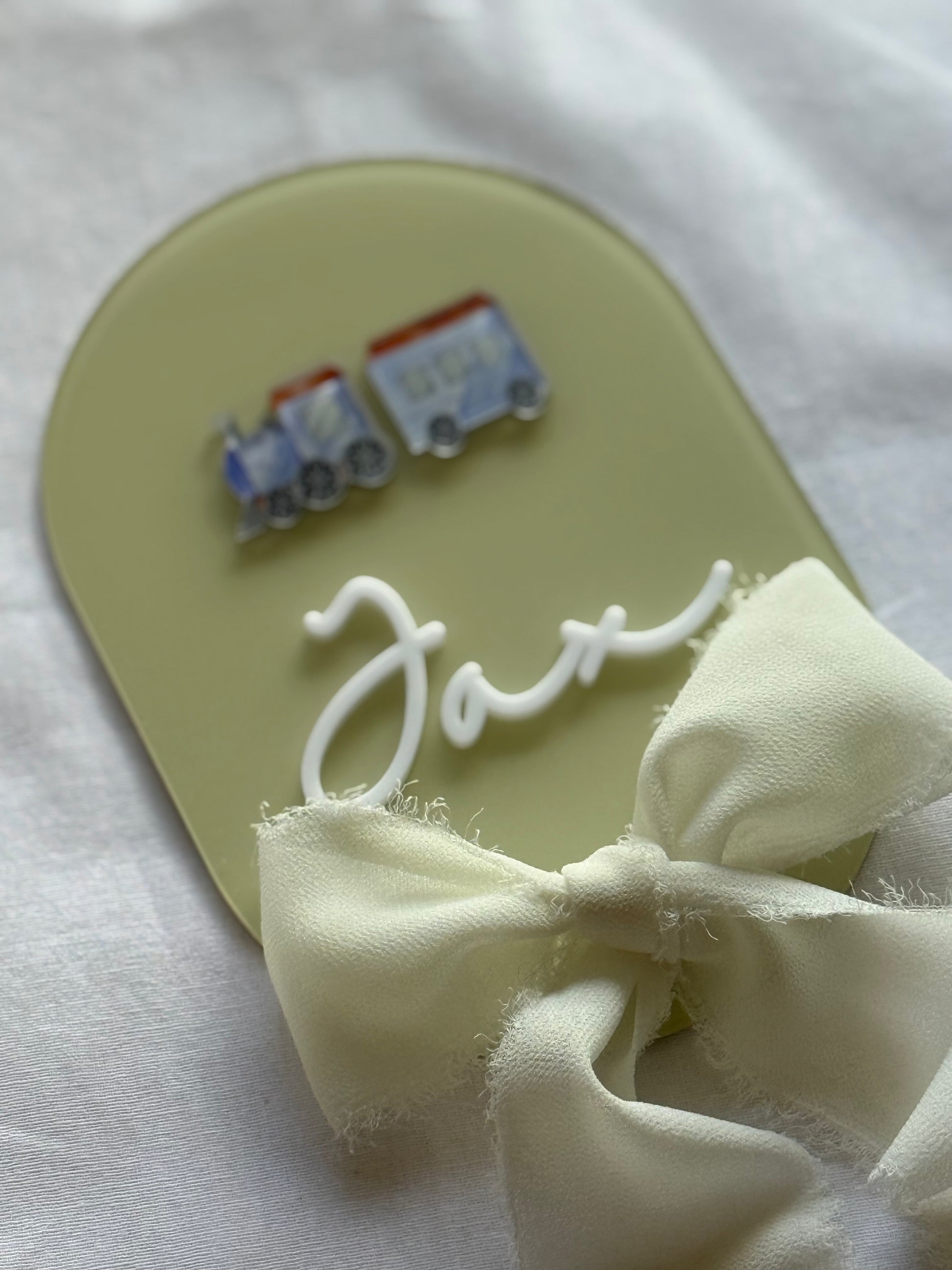Newborn Plaque- Baby Announcement- Newborn Baby Plaque- Birth Announcement- Name Plaque- Newborn Announcement- Baby Name Reveal- Birth Statistics- Hospital Arrival- Hospital Name Sign- Birth Stats Sign- Baby Arrival Plaque- Train- Multicoloured- Chiffon Ribbon