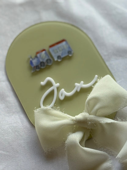 Newborn Plaque- Baby Announcement- Newborn Baby Plaque- Birth Announcement- Name Plaque- Newborn Announcement- Baby Name Reveal- Birth Statistics- Hospital Arrival- Hospital Name Sign- Birth Stats Sign- Baby Arrival Plaque- Train- Multicoloured- Chiffon Ribbon