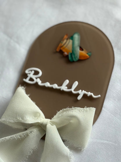 Newborn Plaque- Baby Announcement- Newborn Baby Plaque- Birth Announcement- Name Plaque- Newborn Announcement- Baby Name Reveal- Birth Statistics- Hospital Arrival- Hospital Name Sign- Birth Stats Sign- Baby Arrival Plaque- Airplane- Multicoloured- Chiffon Ribbon