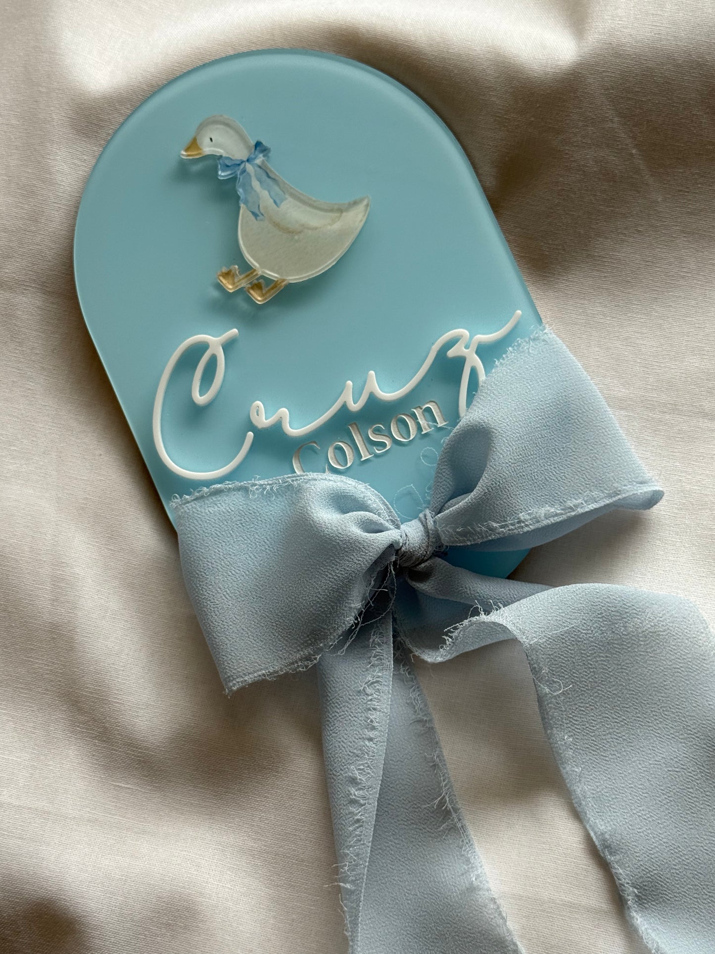 Decorative item with a duck design and ribbon on a light background