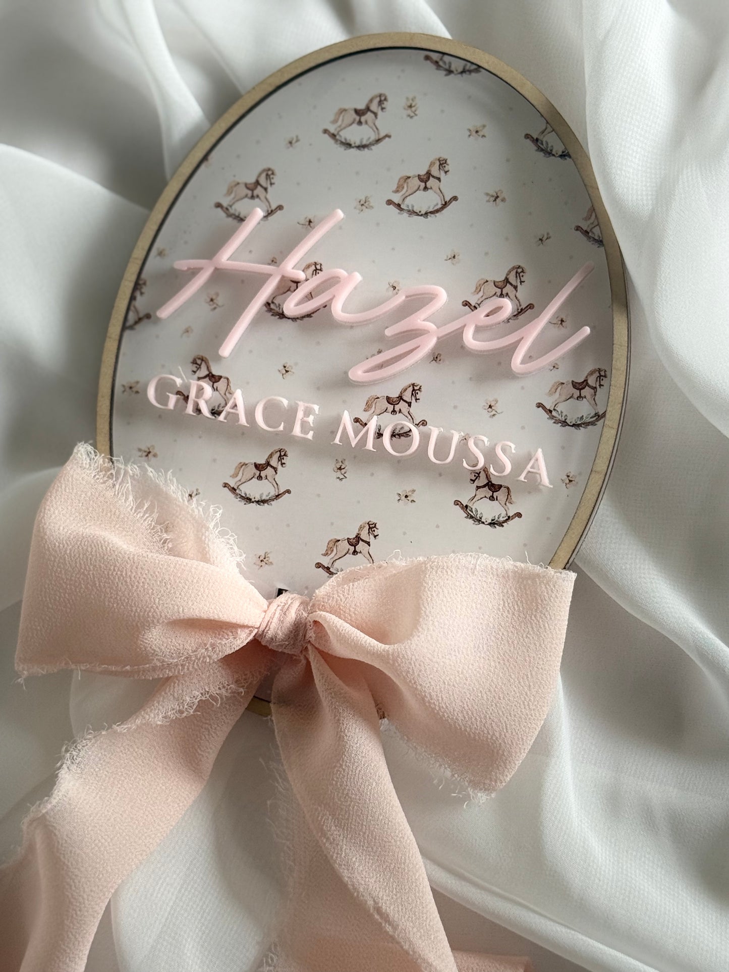 Newborn Plaque- Baby Announcement- Newborn Baby Plaque- Birth Announcement- Name Plaque- Newborn Announcement- Baby Name Reveal- Birth Statistics- Hospital Arrival- Hospital Name Sign- Birth Stats Sign- Baby Arrival Plaque- Rocking Horse- Multicoloured- Chiffon Ribbon
