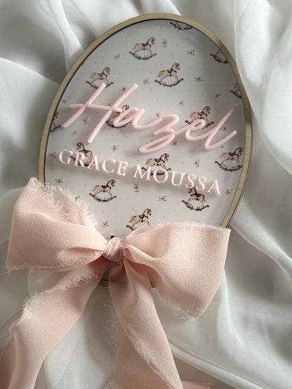 Newborn Plaque- Baby Announcement- Newborn Baby Plaque- Birth Announcement- Name Plaque- Newborn Announcement- Baby Name Reveal- Birth Statistics- Hospital Arrival- Hospital Name Sign- Birth Stats Sign- Baby Arrival Plaque- Rocking Horse- Multicoloured- Chiffon Ribbon