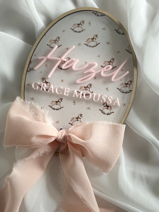 Newborn Plaque- Baby Announcement- Newborn Baby Plaque- Birth Announcement- Name Plaque- Newborn Announcement- Baby Name Reveal- Birth Statistics- Hospital Arrival- Hospital Name Sign- Birth Stats Sign- Baby Arrival Plaque- Rocking Horse- Multicoloured- Chiffon Ribbon