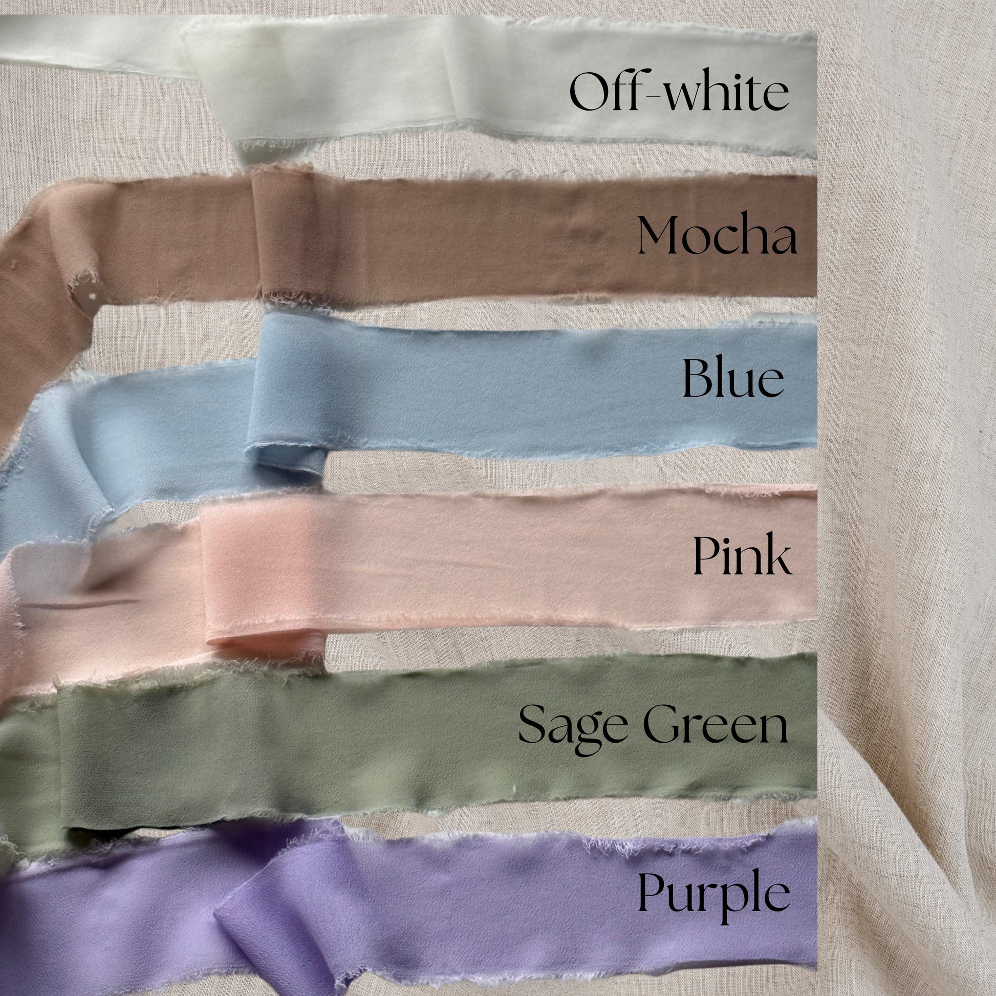 Color swatches labeled 'Off-white', 'Mocha', 'Blue', 'Pink', 'Sage Green', and 'Purple' on a textured fabric background.